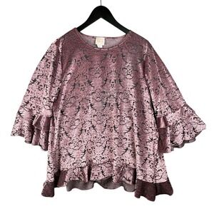 Zadie B's Velvet Burnout Top Women XL Pink Black Romantic Ruffle‎ Date Made USA